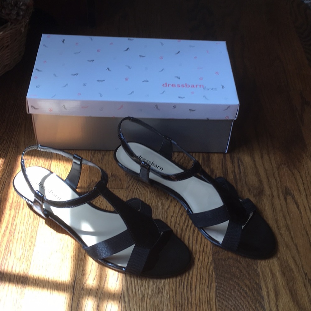 Black strappy sandals with faux patent leather